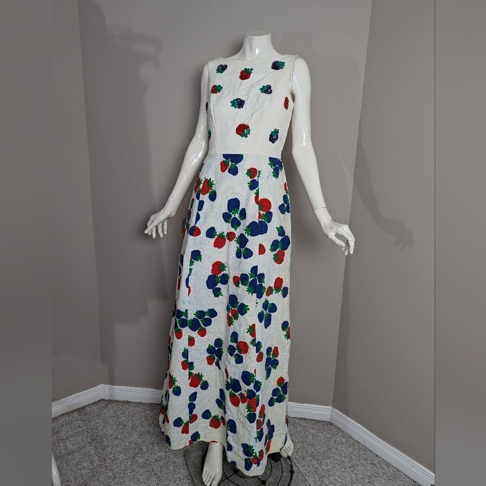 Hugh Garber Maxi dress 60s fruit print pockets sleeveless size 6